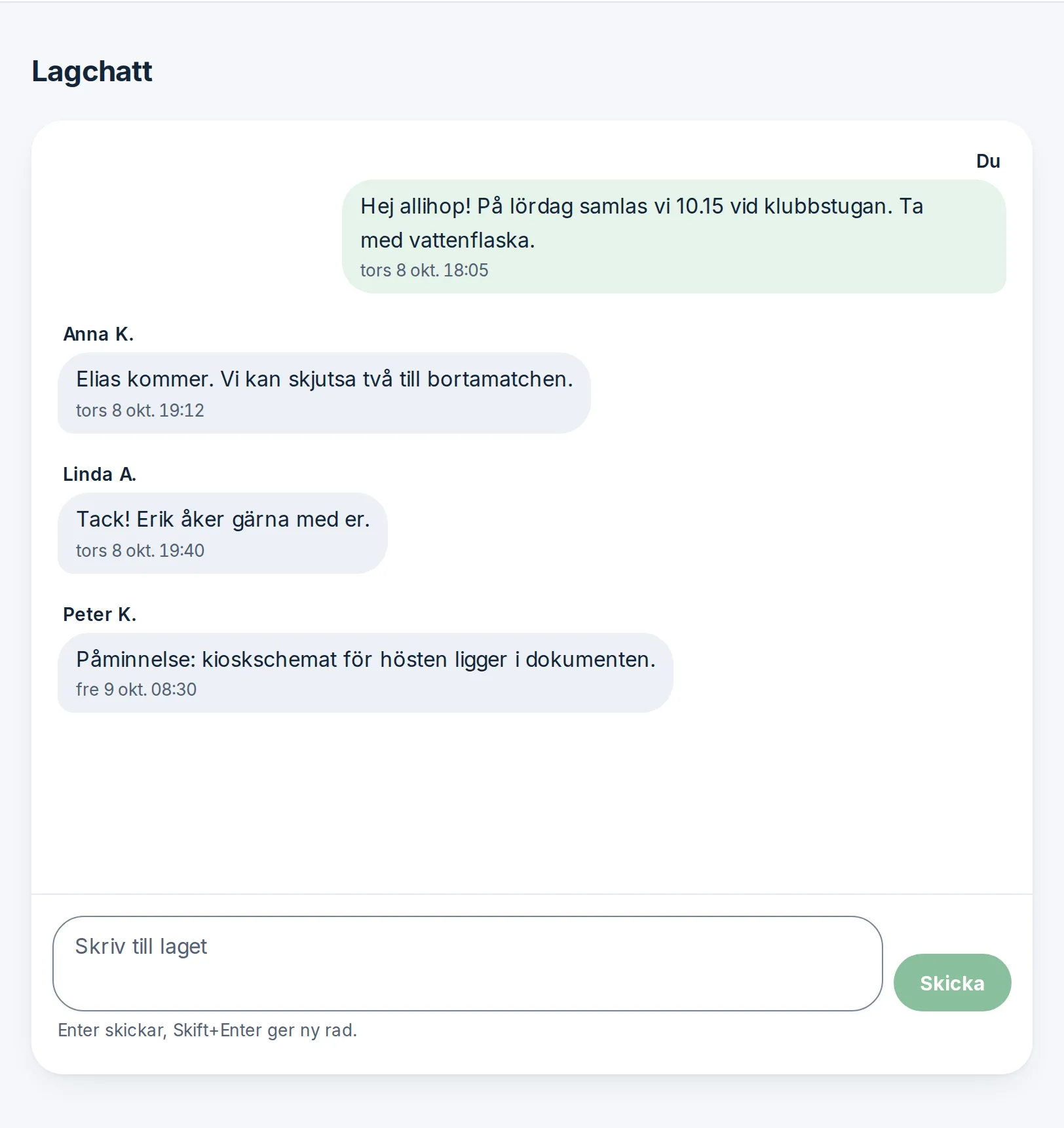 Lagchatten i P2012 i Björkhagens IF, med meddelanden från tränaren och föräldrarna.