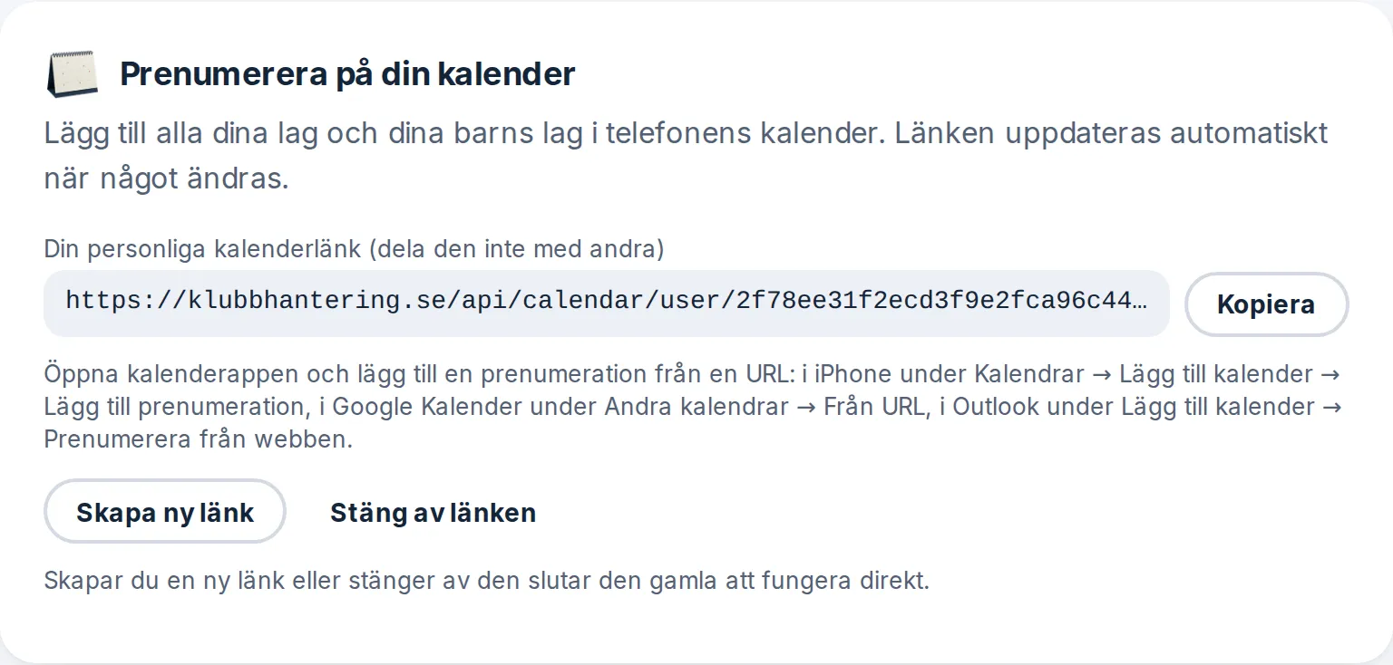 Kalenderlänken för Linda Andersson, med knappen Kopiera och hjälp för iPhone, Google Kalender och Outlook.