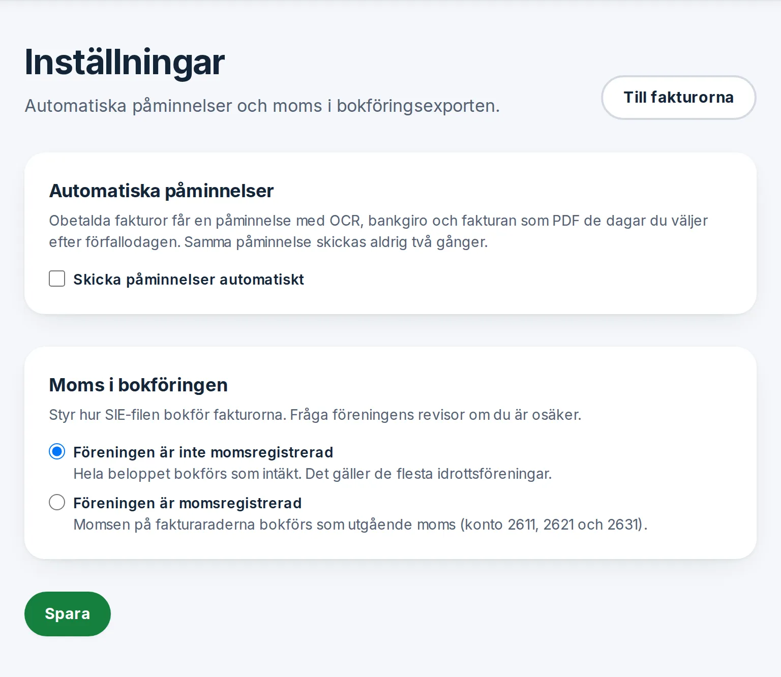 Fakturainställningarna i Björkhagens IF: automatiska påminnelser efter förfallodagen och momsen i SIE-filen.