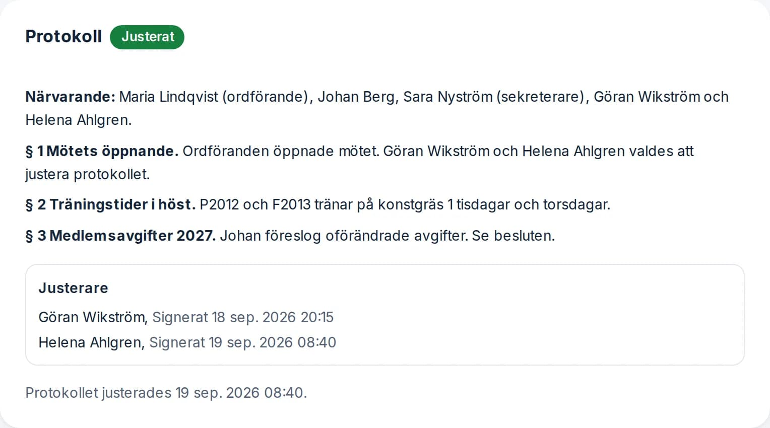 Det justerade protokollet från styrelsemötet i september i Björkhagens IF, med justerarna Göran Wikström och Helena Ahlgren och datumen de signerade.