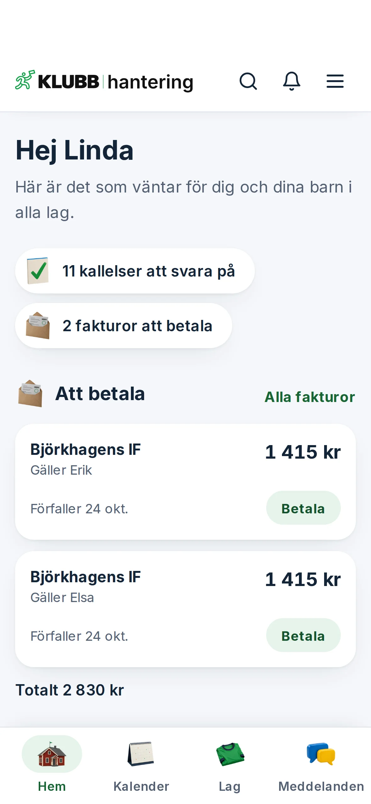 Startsidan i KLUBB|hantering i en iPhone. Föräldern ser hur många kallelser som väntar på svar och barnens medlemsfakturor att betala.