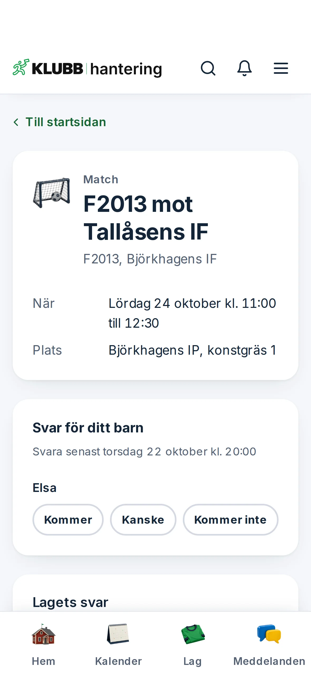 Kallelsen till en match i F2013 i en iPhone, med tid, plats och knapparna för att svara.