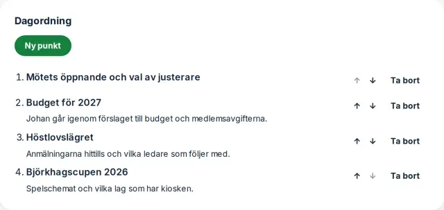 Dagordningen för styrelsemötet i oktober, med fyra punkter.