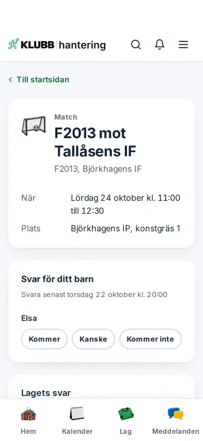 Kallelsen till en match i F2013 i en iPhone, med tid, plats och knapparna för att svara.
