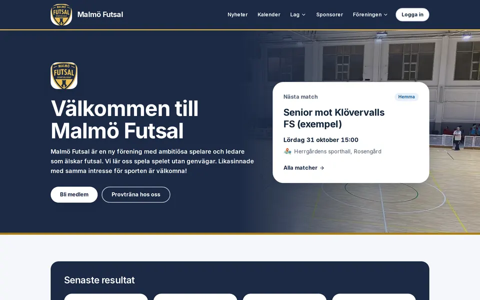 Malmö Futsals exempelsida med klubbens logotyp och lag i marinblått och gult.