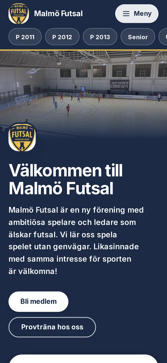 Malmö Futsals föreningssida med klubbens färger, nyheter och lag.